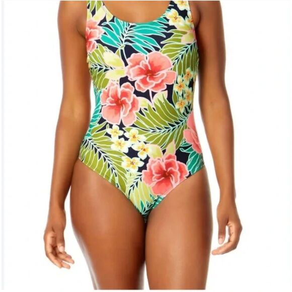 Hurley Floral One Piece Swimsuit‎ Back Cutout UPF 50+ Tropical Size Medium - Picture 2 of 7